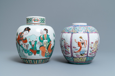 A Chinese famille rose relief-decorated jar and a famille verte jar with cover, 19th C.