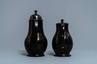 Four silver-mounted Namur black-glazed pottery coffeepots and a teapot, 18th C.