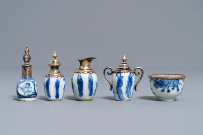 Ten Chinese silver-mounted blue and white miniature vases, Kangxi