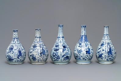Five Chinese blue and white bottle vases, Wanli