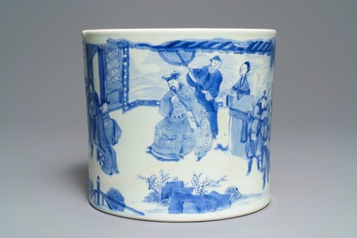 A large Chinese blue and white brush pot, bitong, Transitional period