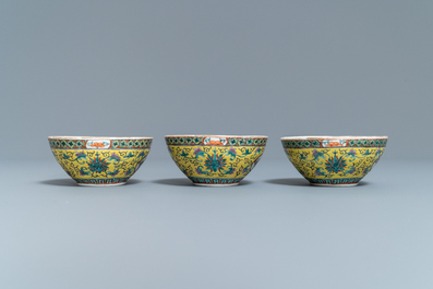 A Chinese yellow-ground famille verte tea service, 19th C.