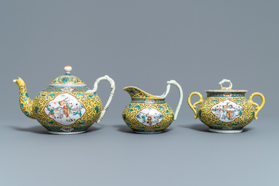 A Chinese yellow-ground famille verte tea service, 19th C.