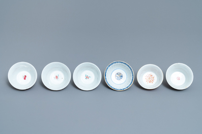 Six Chinese famille rose and Imari-style cups and saucers, Yongzheng/Qianlong