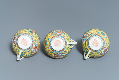 A Chinese yellow-ground famille verte tea service, 19th C.