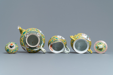 A Chinese yellow-ground famille verte tea service, 19th C.