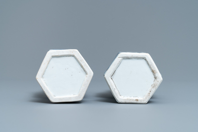 A pair of hexagonal Chinese blue and white vases, Kangxi