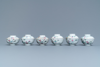 Six Chinese famille rose covered bowls on stands, 19th C.
