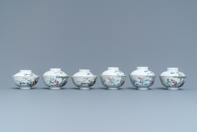 Six Chinese famille rose covered bowls on stands, 19th C.