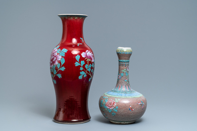 Two enamelled Chinese monochrome sang-de-boeuf and flamb&eacute; vases, 19th C.