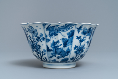 A Chinese blue and white bowl with mythical beasts and flowers, Kangxi