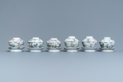 Six Chinese famille rose covered bowls on stands, 19th C.