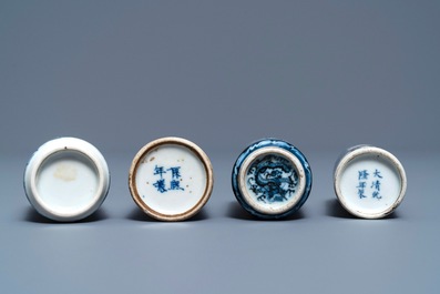 Four Chinese blue, white and underglaze red snuff bottles, 18/19th C.