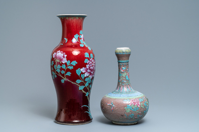 Two enamelled Chinese monochrome sang-de-boeuf and flamb&eacute; vases, 19th C.