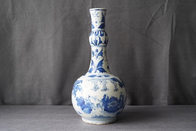 A Chinese blue and white bottle vase with figures in a landscape, Transitional period