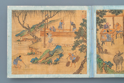 Chinese school, Qing, 19th C.: an album with 20 paintings, ink and color on silk, mounted on board