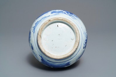 A Chinese blue and white bottle vase with figures in a landscape, Transitional period
