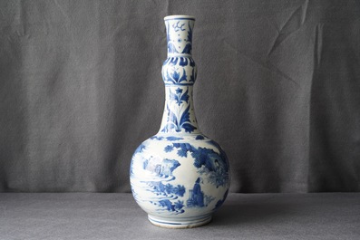 A Chinese blue and white bottle vase with figures in a landscape, Transitional period