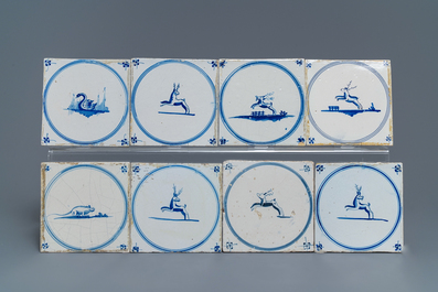 54 carreaux en fa&iuml;ence de Delft bleu et blanc aux d&eacute;cors d'animaux, 18/19&egrave;me