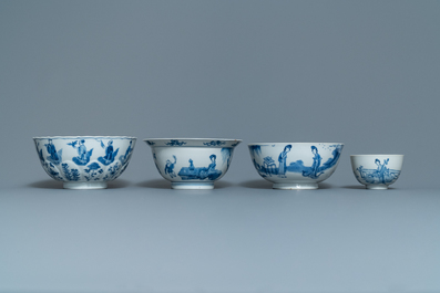 Four Chinese blue and white bowls, Chenghua and Xuande marks, Kangxi