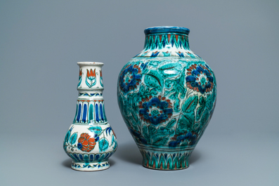 Two Dutch Delft Iznik-style vases, Porceleyne Fles, 1st half 20th C.