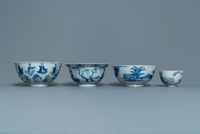 Four Chinese blue and white bowls, Chenghua and Xuande marks, Kangxi