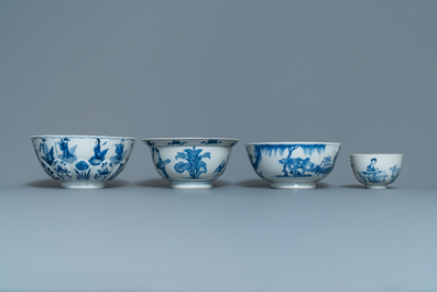 Four Chinese blue and white bowls, Chenghua and Xuande marks, Kangxi
