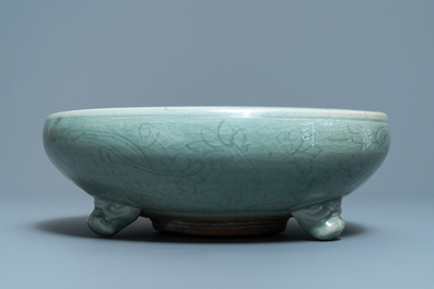 A large Chinese Longquan celadon tripod incense burner, Ming