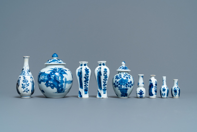Nine small Chinese blue and white 'Long Eliza' vases, Kangxi