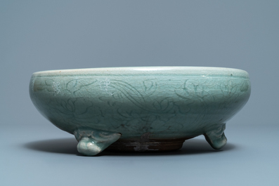 A large Chinese Longquan celadon tripod incense burner, Ming