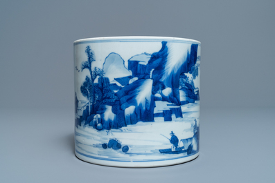 A Chinese blue and white 'landscape' brush pot, bitong, Kangxi