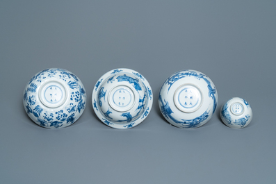 Four Chinese blue and white bowls, Chenghua and Xuande marks, Kangxi