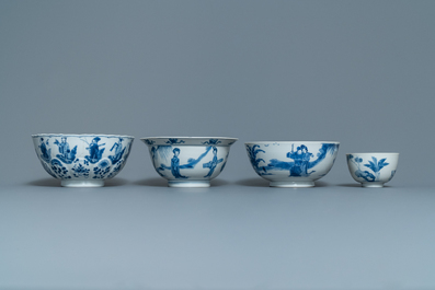 Four Chinese blue and white bowls, Chenghua and Xuande marks, Kangxi