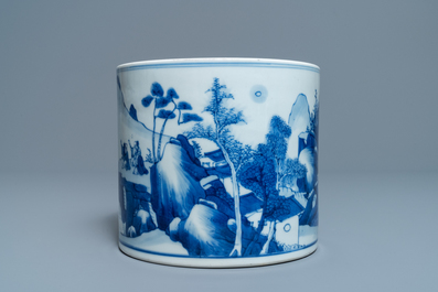 A Chinese blue and white 'landscape' brush pot, bitong, Kangxi