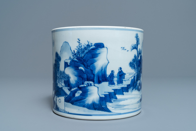 A Chinese blue and white 'landscape' brush pot, bitong, Kangxi