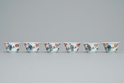 Zes Chinese famille rose koppen en schotels, Yongzheng
