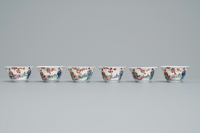 Zes Chinese famille rose koppen en schotels, Yongzheng