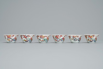 Zes Chinese famille rose koppen en schotels, Yongzheng