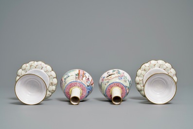 Two Chinese Canton enamel marriage bowls on stands, Yongzheng/Qianlong