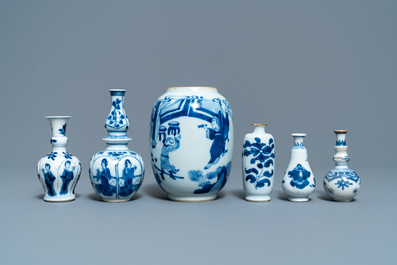 Six small Chinese blue and white vases, Kangxi