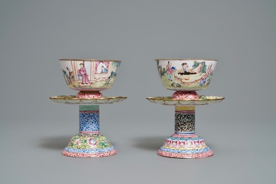 Two Chinese Canton enamel marriage bowls on stands, Yongzheng/Qianlong