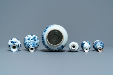 Six small Chinese blue and white vases, Kangxi