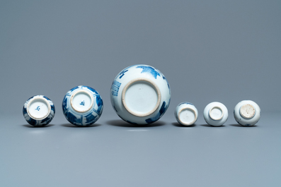 Six small Chinese blue and white vases, Kangxi