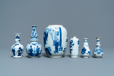 Six small Chinese blue and white vases, Kangxi