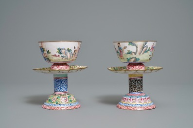Two Chinese Canton enamel marriage bowls on stands, Yongzheng/Qianlong