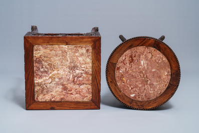 Deux socles en bois sculpt&eacute; mont&eacute;s de plaques en marbre, Chine, 19/20&egrave;me