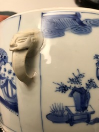 A Chinese blue and white covered bowl with ladies in a garden, Kangxi
