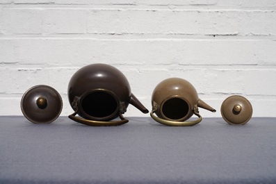 Two Chinese Bencharong Thai market polished Yixing stoneware teapots, 19th C.