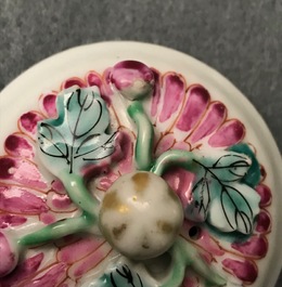 Two Chinese famille rose relief-moulded 'lotus' teapots and covers, Yongzheng