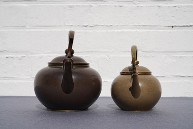Two Chinese Bencharong Thai market polished Yixing stoneware teapots, 19th C.
